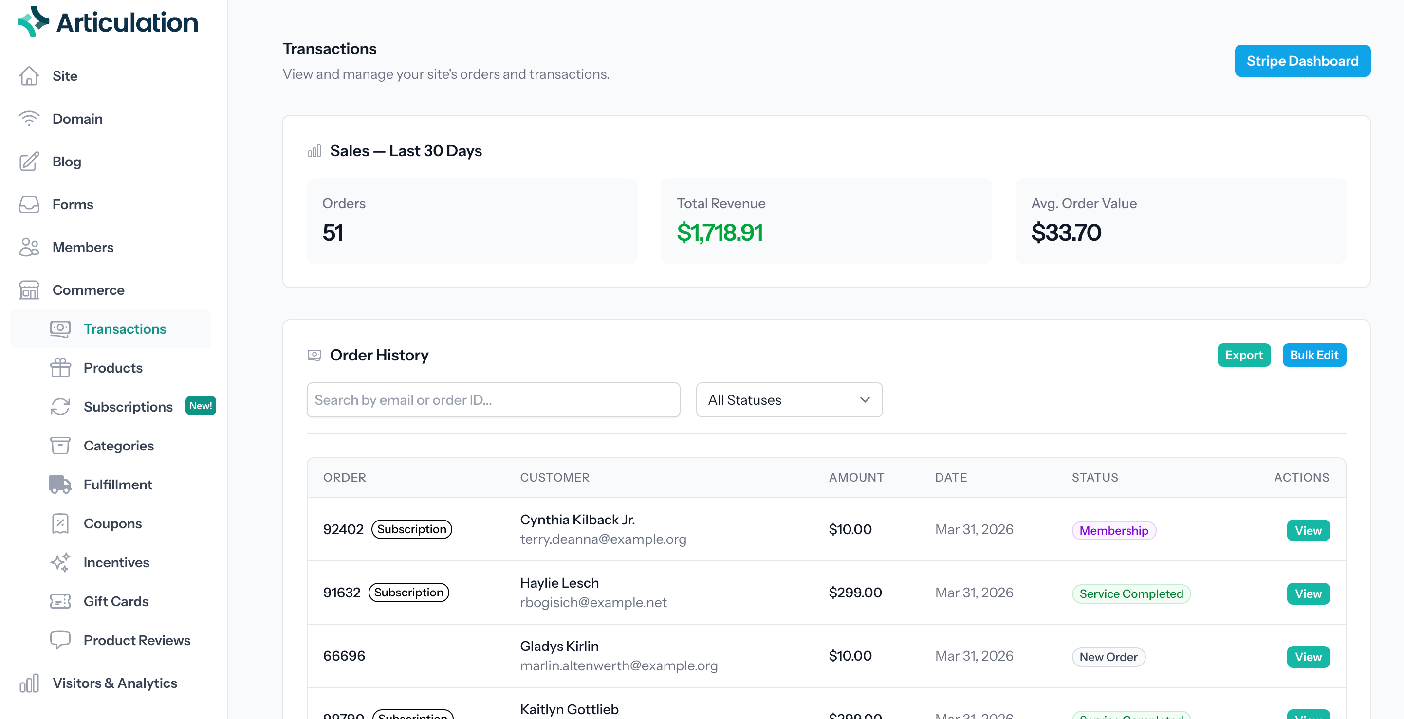 Transactions dashboard with subscription management