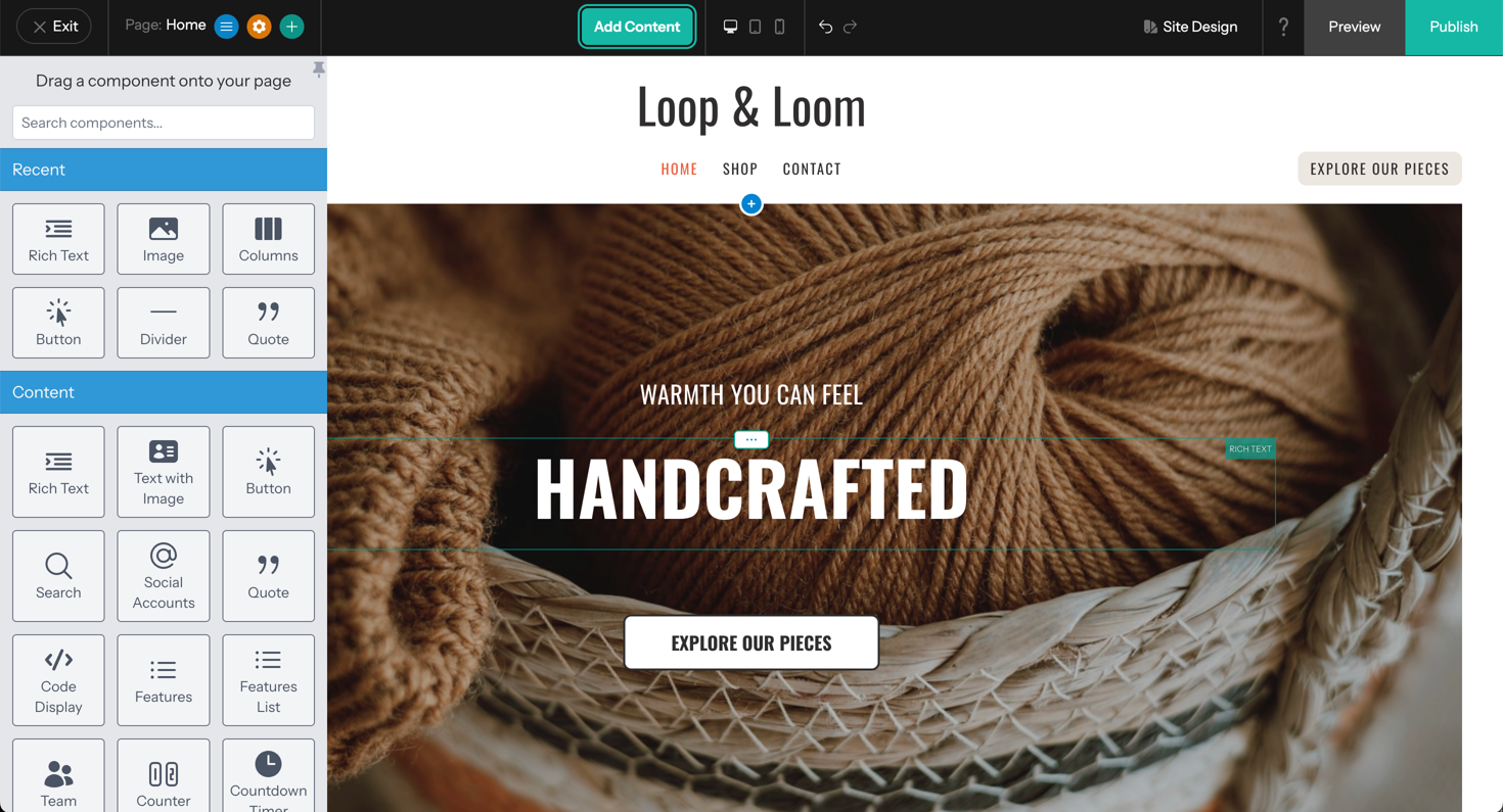 Articulation’s visual editor showing a store page with drag-and-drop content components.
