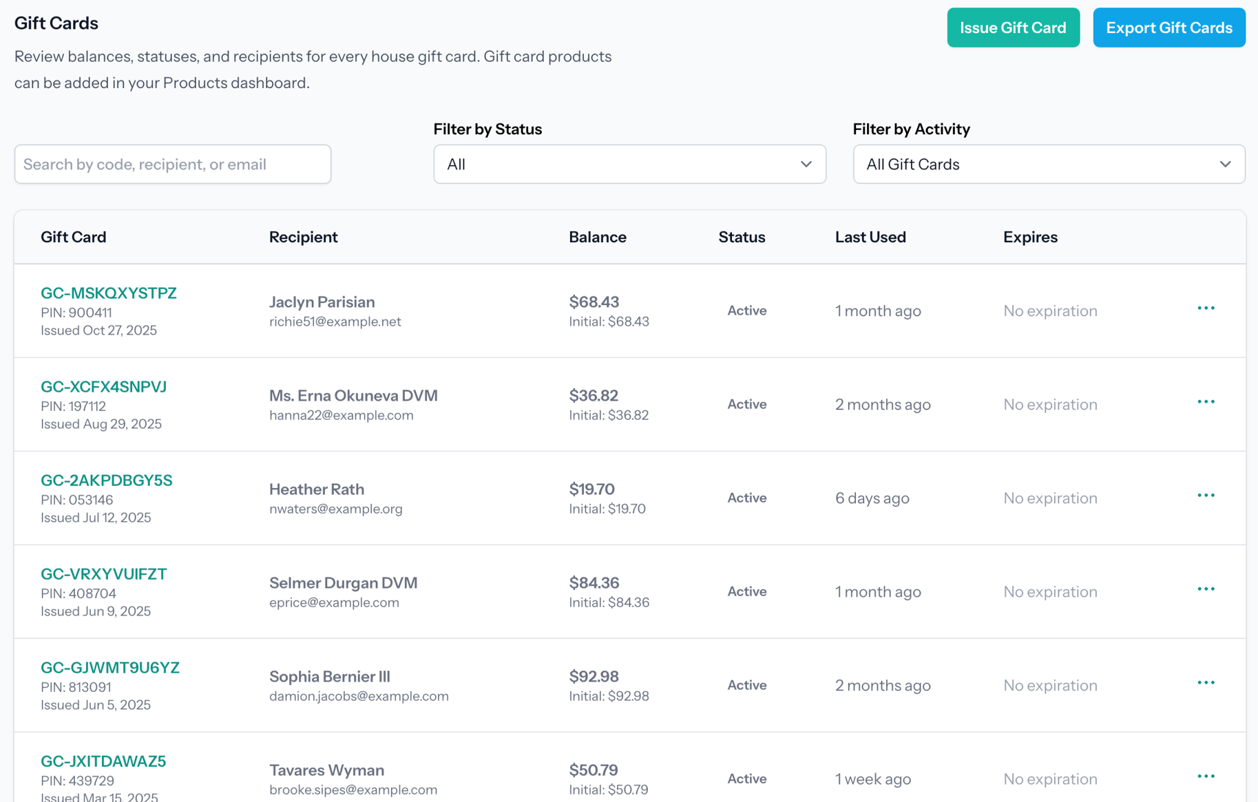 Gift card purchase interface