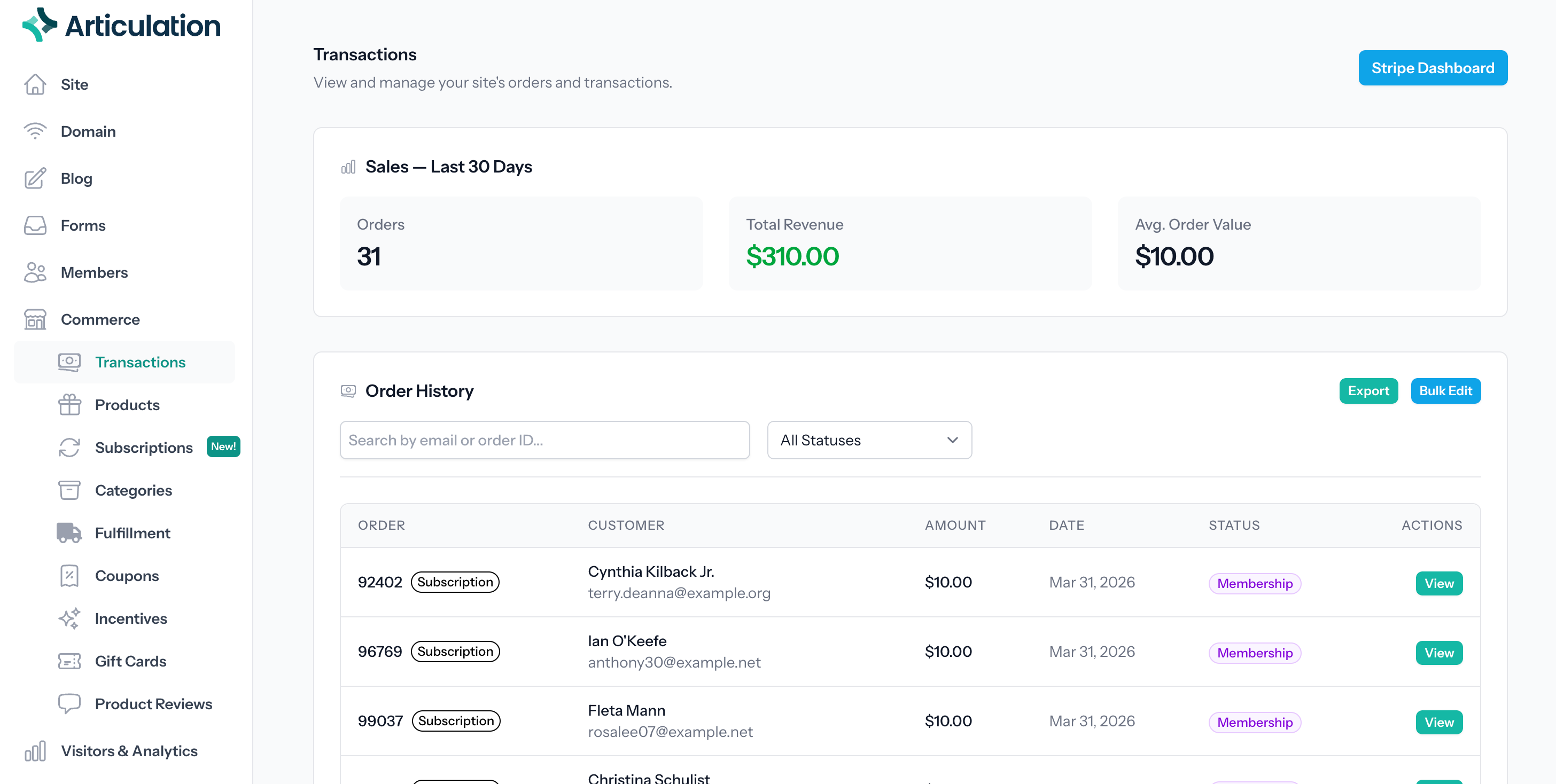 Subscription and transaction management dashboard